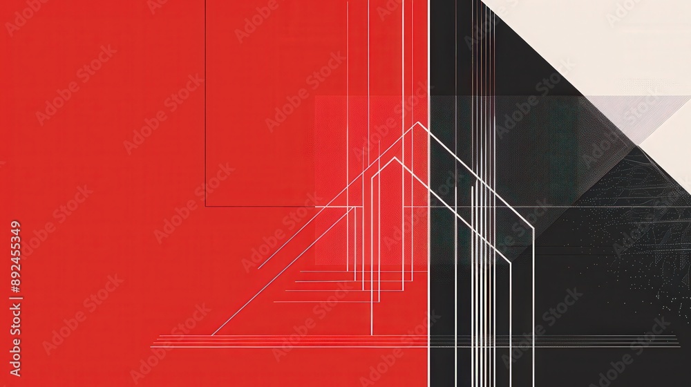 Poster a minimalist background with a schematic design in white lines on a red and black split.