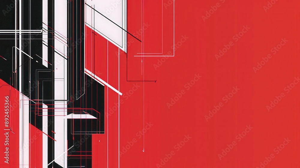 Poster a minimalist background with a schematic design in white lines on a red and black dual-tone backgrou