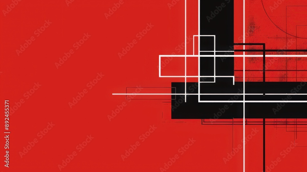 Poster a minimalist background with a schematic design in white lines on a red and black color scheme. the 