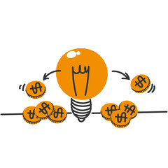 hand drawn doodle coins coming out of the light bulb