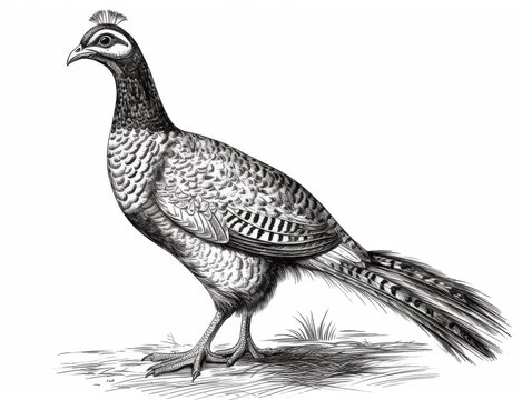 recommend clip art: Black and white Vintage engraved art of a pheasant isolated on white background, ink sketch illustration, simple vector art design, highly detailed line art, high contrasty 