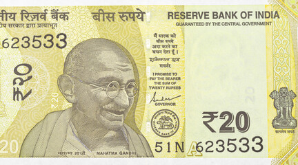 Indian new twenty rupees currency note isolated on white background