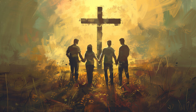 illustration young adults holding hands around a cross in oil painting 