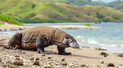 A Komodo Dragon laying on the beach next to the ocean