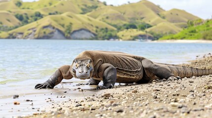 A Komodo Dragon laying on the beach next to the ocean