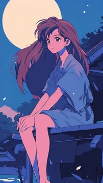Dreaming cute anime girl in romantic summer evening