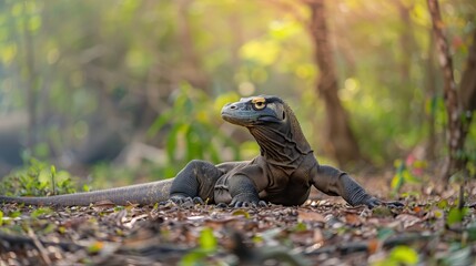 Fototapeta premium A large Komodo Dragon laying with a watchful status on the ground in a forest