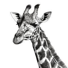 Obraz premium Black and white Vintage engraved art of a giraffe with earrings, isolated on white background, ink sketch illustration, simple vector art design, highly detailed line art, high contrasty.
