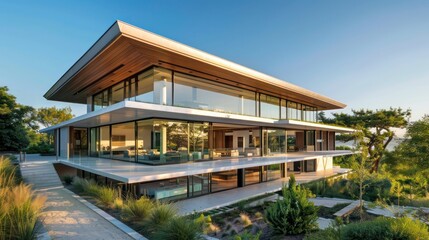 Fototapeta premium Modern luxury home with a flat, overhanging roof and floor-to-ceiling windows, surrounded by a serene landscape Space for text