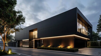 Obraz premium Modern luxury home with a minimalist aesthetic, featuring a sleek black facade and hidden lighting, set in a serene suburban area Include space for text