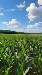 Obraz premium Vibrant Cornfield Under Clear Blue Sky with Lush Green Stalks and Golden Ears of Corn