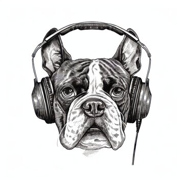 recommend clip art: Black and white Vintage engraved art of a dog with headphones, isolated on white background, ink sketch illustration, simple vector art design, highly detailed line art, high contrasty