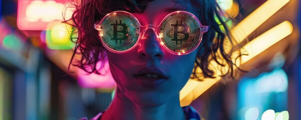 Young person under neon lighting, wearing glasses, close-up shot.