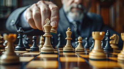 Hand man playing chess and moving a piece