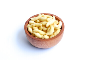Crunchy Cheese Stick or Cheese Cork Eggs or Telur Gabus Keju or Widaran or Bidaran Keju on small wooden bowl isolated on white background