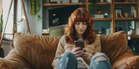Obraz premium A woman sits comfortably on the sofa, engrossed in playing on her cellphone. She is relaxed and content, clearly enjoying her leisure time. The scene captures a moment of modern relaxation