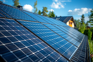 Obraz premium Solar panels on rooftops harnessing renewable energy to reduce carbon emissions and promote sustainable living in urban areas