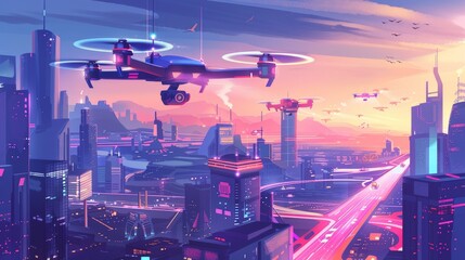 Obraz premium Advanced Drone Delivery System Transforms Modern Cityscape at Dusk