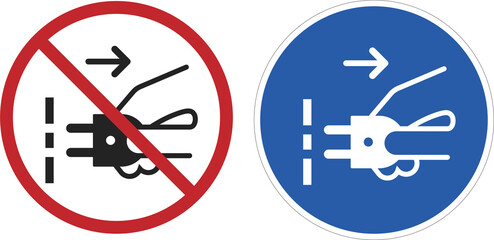 Bundle circle sign do not unplugged and please unplug electrical equipment form electric socket in yellow red prohibition and blue instruction sticker