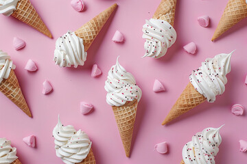 Vanilla ice cream cones on a pink background. Concept summer ornament for backgrounds, backdrops and wallpapers