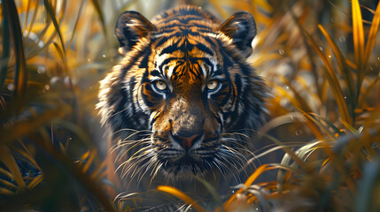 close up of Tiger through leaves in the Jungle