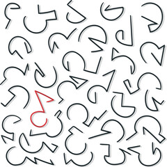 Lines in the form of individual wire elements. One object is red and looks like a musical note.