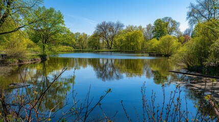 A peaceful pond surrounded by budding trees and chirping birds, reflecting the clear blue sky of a perfect spring day