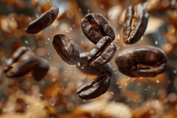 Obraz premium A bundle of coffee beans suspended in mid-air, free-falling through space