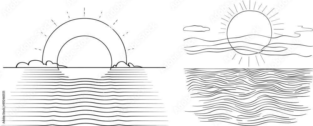 Poster This is a line drawing of a sunny ocean view. In a simple linear style