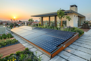Solar panels on rooftops harnessing renewable energy to reduce carbon emissions and promote sustainable living in urban areas