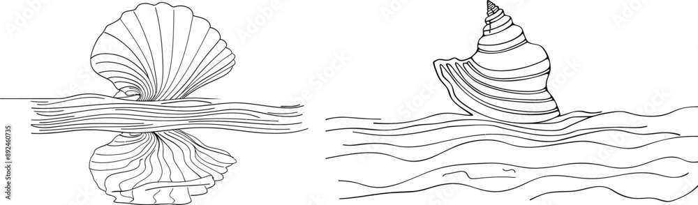 Poster simple linear drawing of an oyster shell with pearl. seashell symbol and banner of a beauty spa.
