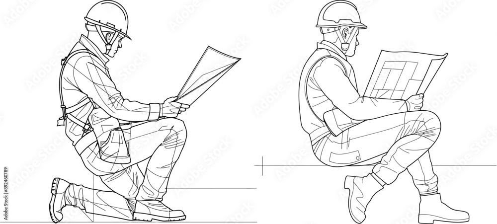 Poster Construction worker drawing with a continuous line. Building architecture business concept.