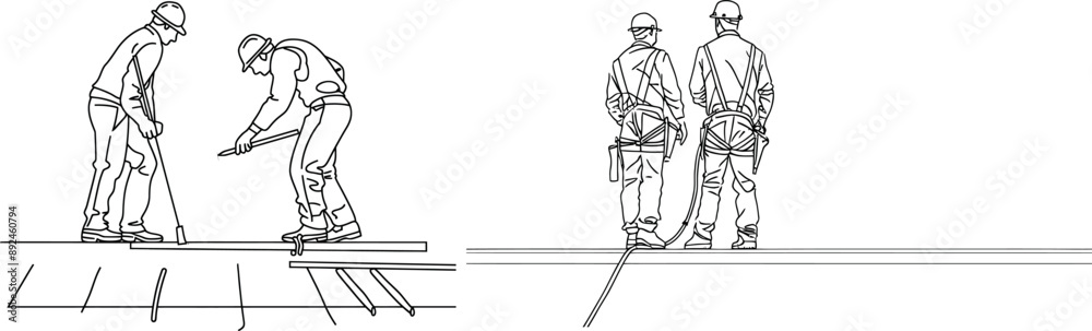 Poster a single continuous line drawing depicts a young construction manager instructing a builder coordina