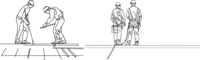 Fototapeta premium A single continuous line drawing depicts a young construction manager instructing a builder coordinator at a site meeting
