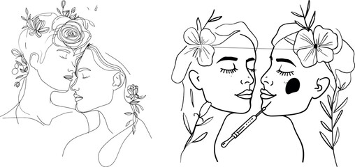 Obraz premium An abstract face with flowers rendered in one line by modern drawing. Botanical print.