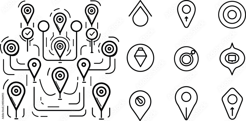 Poster One line map pins on white background.  navigation pointers for travel concept.