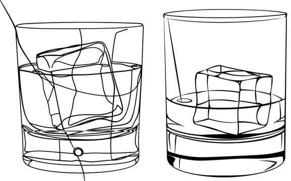 Hand drawn linear illustration of whiskey glass on the rocks. Bourbon, scotch, brandy hard drink icon.