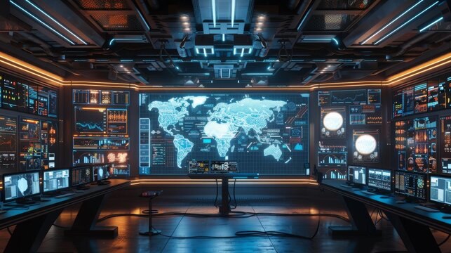 The image is showing the futuristic interior of a spaceship control room.