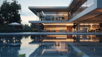 Modern luxury home with a seamless indoor-outdoor flow, highlighted by a large, reflective pool in the front