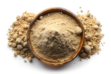 Peruvian black maca organic powder isolated on white, top view