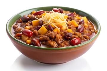 Fototapeta premium Bowl of chili with beans and ground beef, isolated on white background