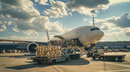 The cargo plane is being loaded with containers full of goods.
