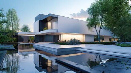 Fototapeta premium Modern luxury suburban home featuring a minimalist design with sharp architectural angles and a reflective water feature Space for text included
