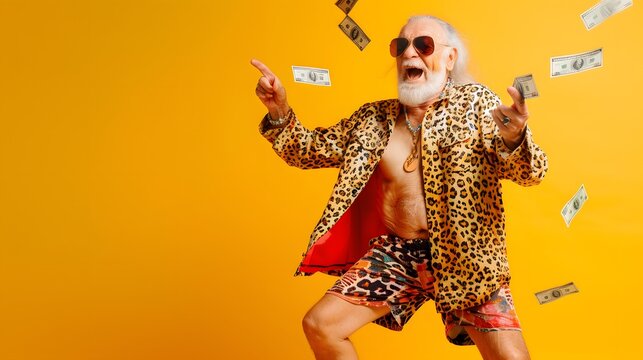 Portrait of crazy funny funky old long bearded man millionaire in eyewear eyeglasses waste money throw banknotes wear leopard shirt shorts isolated over yellow background. 