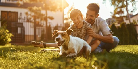 A father, mother, and child joyfully play with their dog in the yard, creating cherished family moments filled with laughter and bonding