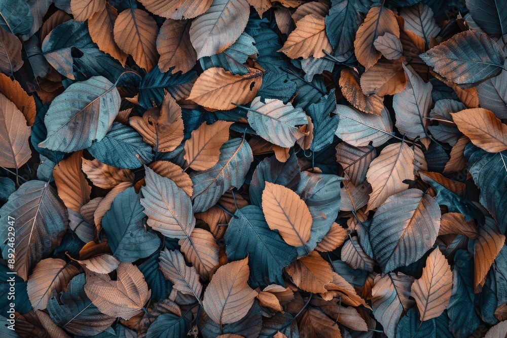 Wall mural tropical fallen dry brown leaves in the wood - generative ai