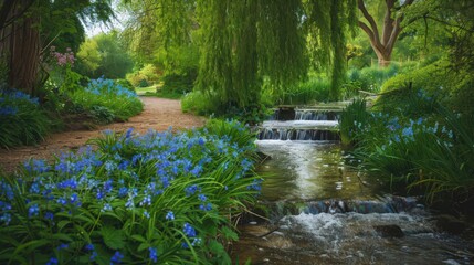 A riverside path bordered by weeping willows and banks of blue forget-me-nots, leading to a hidden waterfall cascading into a pool of clear spring water.