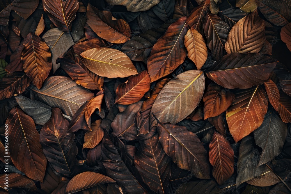 Wall mural tropical fallen dry brown leaves in the wood - generative ai