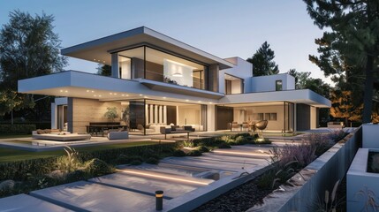 Modern luxury suburban home with clean lines, featuring a minimalist garden and seamless outdoor lighting Ensure room for text