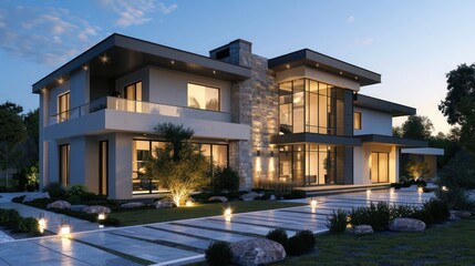 Fototapeta premium Modern luxury suburban home with minimalistic facade, featuring natural stone accents and ambient path lighting Space for text